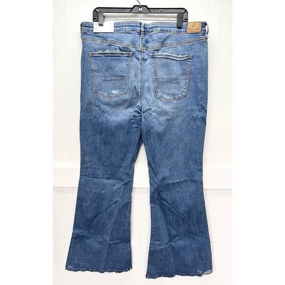American Eagle Super Hi-Rise Flare Jeans 18 Stretch Blue Denim Distressed NEW - Picture 5 of 11